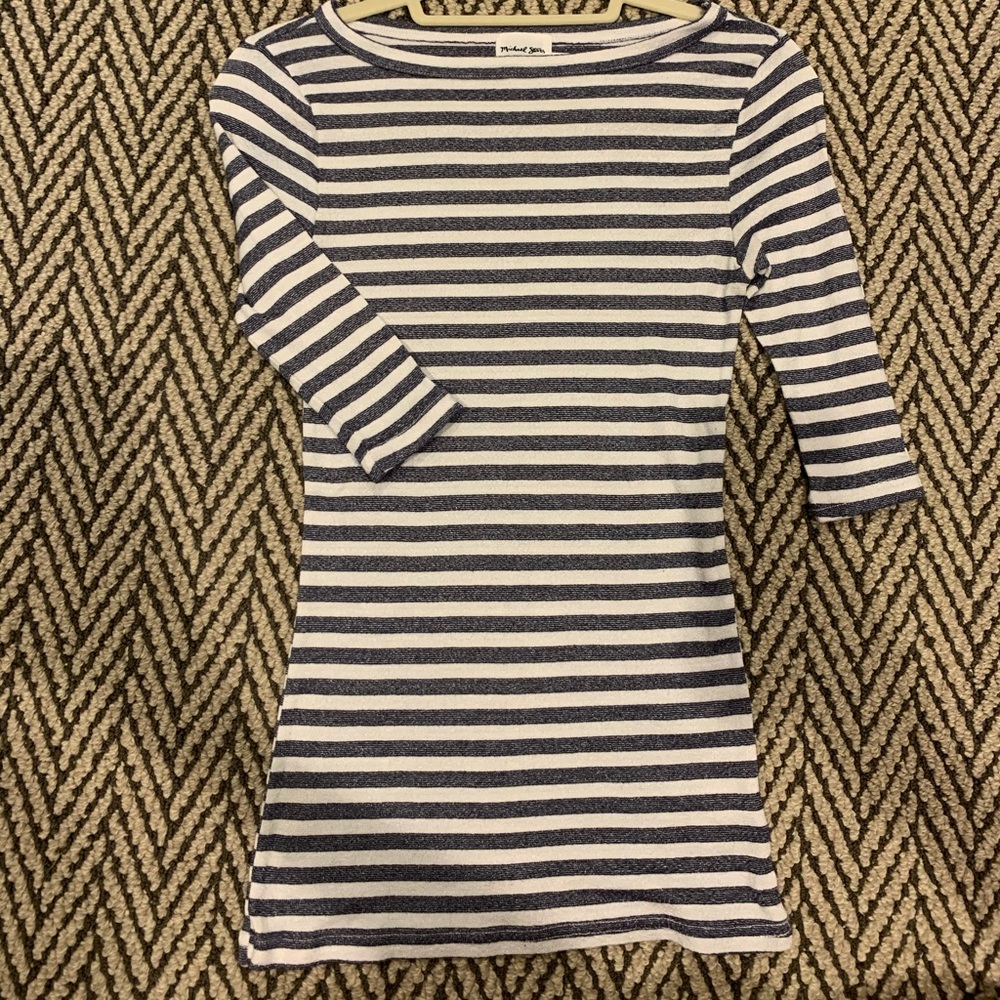 Michael Stars 3/4 sleeve boatneck, navy and white striped top.